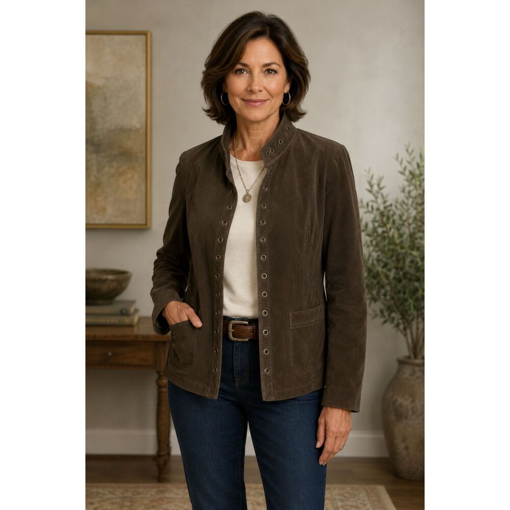 Chicos Women Blazer Brown L Sz 2 Corduroy Jacket Grommet Accent Pockets H3